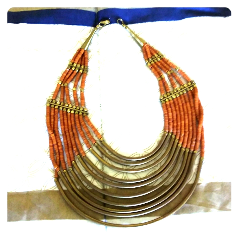 Unique antique statement necklace corals/bronze